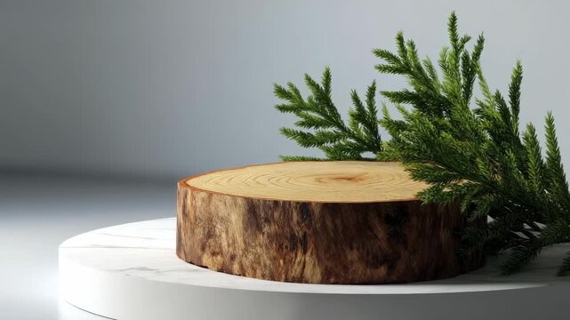 A round slice of wood with bark and growth rings rests on a white marble platform with green coniferous branches behind it against a gray background