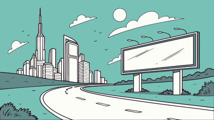 Billboard on road with city skyline
An illustrative scene featuring a blank billboard alongside a winding road, with a modern city skyline in the background. The image depicts urban travel or advertis
