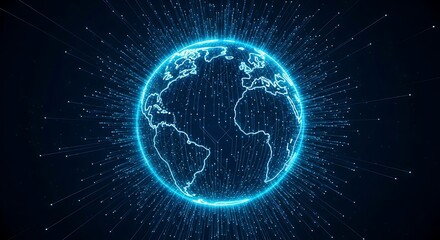 Luminous digital earth glows with blue light and network connections radiating outward in dark space