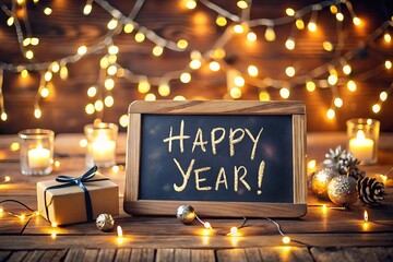 Christmas greeting card with gold decoration, neon light sign, and candles for new year celebration party text design