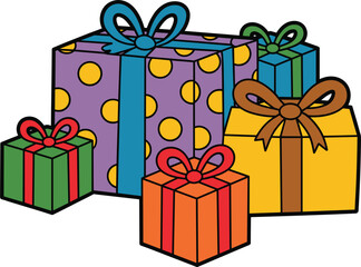 Assortment of Colorful Cartoon Gift Boxes with Ribbons and Bows present
