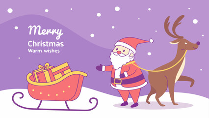 Fototapeta premium Christmas santa claus and reindeer with gifts An illustration depicting Santa Claus, a reindeer, and a sleigh loaded with Christmas gifts against a snowy purple background, with 