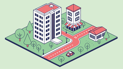 Fototapeta premium Isometric city street buildings An isometric illustration showcasing a stylized city block with various buildings, a street, a car, and trees, rendered in a clean, line-art graphic style.