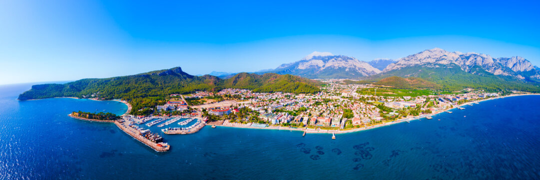 Fototapeta Kemer city beach aerial panoramic view, Turkey