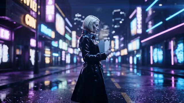 Woman walks through neon city. Cyberpunk street glows with rain reflection. Futuristic tablet held by woman. Night skyline and wet pavement reflect lights. Moody urban atmosphere evokes deep mystery.