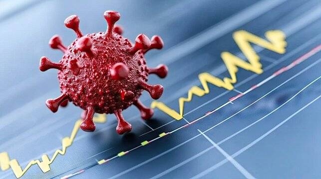 Red virus model in focus against blue background with stock market data and bar graph illustrating economic impact of health crises