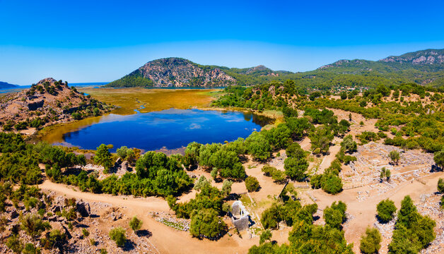 Kaunos ancient city aerial panoramic view near Dalyan, Turkey