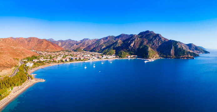 Icmeler town beach aerial panoramic view in Turkey - Powered by Adobe