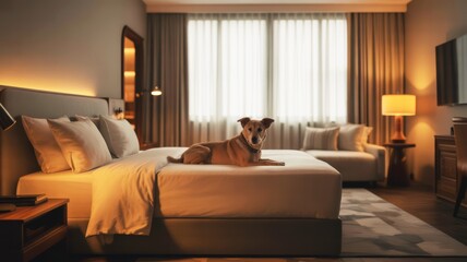 A cozy hotel room featuring a dog on the bed, with warm lighting and modern decor, creating a welcoming atmosphere.
