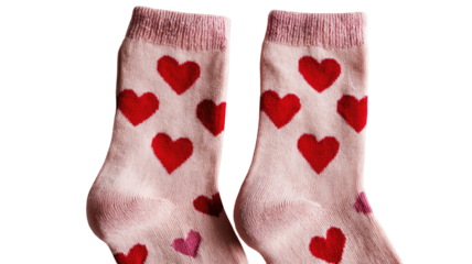 Pair of pink cotton socks decorated with red heart pattern for valentines day fashion accessory isolated on white background