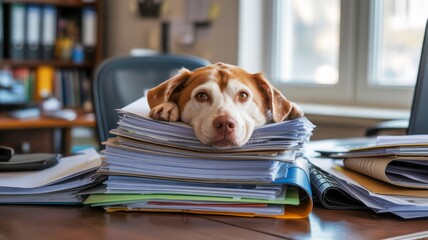 A dog rests its head on a pile of papers, embodying a sense of stress or overwhelm in a cluttered office environment.