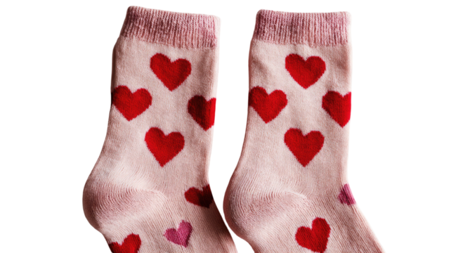 Pair of pink cotton socks decorated with red heart pattern for valentines day fashion accessory isolated on white background