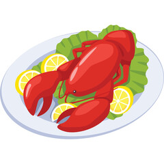 A Vibrant Red Lobster Dish with Sliced Lemon and Green Lettuce on a White Plate with a Transparent Background