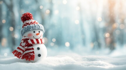 Winter holiday christmas background banner - Closeup of cute funny laughing snowman with wool hat and scarf, on snowy snow snowscape with bokeh lights, illuminated by the sun