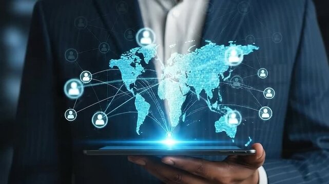 Businessman using a tablet to interact with a global network of people and connections