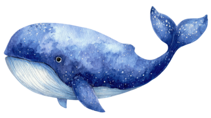 Beautiful watercolor illustration of blue whale with starry texture and ocean shades detailed marine animal isolated on white background