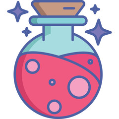 Magical Elixir Potion Bottle Filled with Pink Liquid and Bubbles with Sparkling Stars Around it in a Flat Design Style