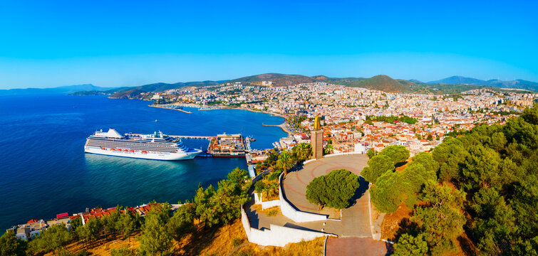 Kusadasi city aerial panoramic view in Aydin Province, Turkey