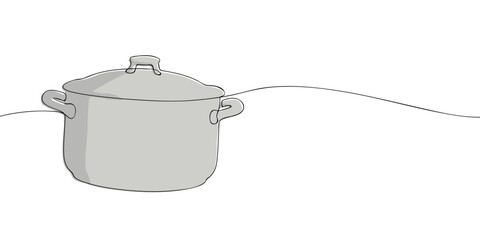 One line drawing of a cooking pot with lid isolated on white background. Minimal continuous line illustration of kitchen cookware for recipe, restaurant, and food design