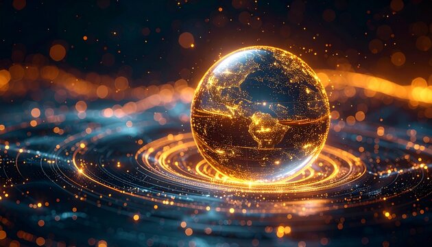 Enchanted visualization of fintech blockchain clusters, radiant networks, and glowing algorithmic lines pulsing through a dark digital environment.