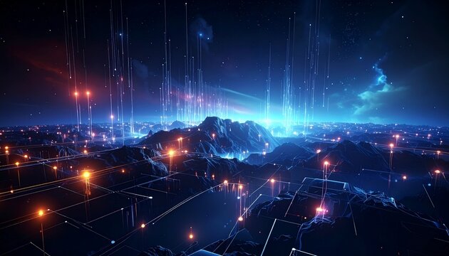 Enchanted visualization of fintech blockchain clusters, radiant networks, and glowing algorithmic lines pulsing through a dark digital environment.