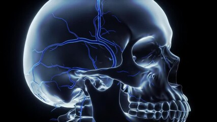 Animated Skull with Brain and Veins Rotating on Black Background - Powered by Adobe