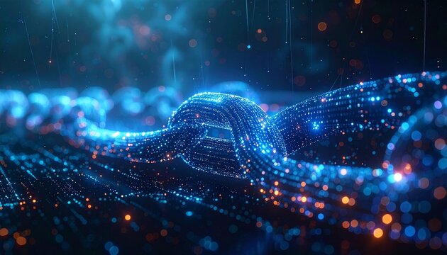 Enchanted visualization of fintech blockchain clusters, radiant networks, and glowing algorithmic lines pulsing through a dark digital environment.