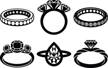 Diamond Ring Silhouette Vector Illustration. Luxury Engagement and Wedding Ring. Romantic Diamond Jewelry Ring. Valentine and Bridal. Love and Marriage Theme Clipart SVG Vector.