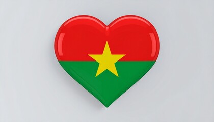 A glossy heart-shaped object featuring the Burkina Faso national flag, with red on top, green on bottom, and a centered yellow five-pointed star. Displayed on a smooth reflective surface with a neutra