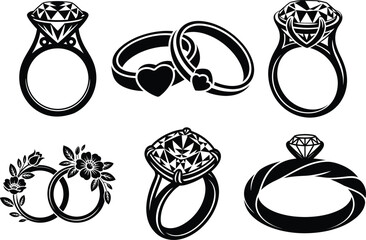 Diamond Ring Silhouette Vector Illustration. Luxury Engagement and Wedding Ring. Romantic Diamond Jewelry Ring. Valentine and Bridal. Love and Marriage Theme Clipart SVG Vector.