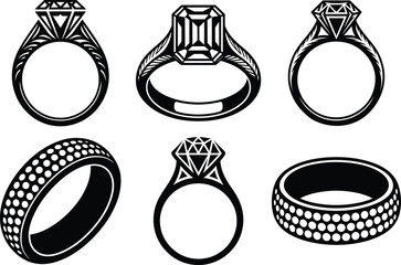 Diamond Ring Silhouette Vector Illustration. Luxury Engagement and Wedding Ring. Romantic Diamond Jewelry Ring. Valentine and Bridal. Love and Marriage Theme Clipart SVG Vector.