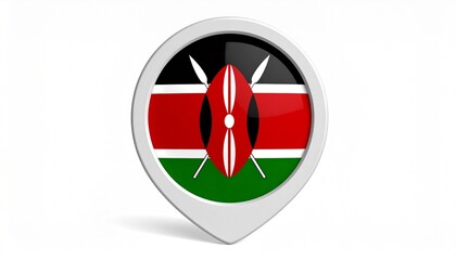 A map pin icon featuring the national flag of Kenya, with horizontal black, red (with white borders), and green stripes, centered by a traditional Maasai shield and two white crossed spears. Displayed