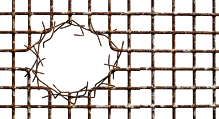 Rusted metal grid with a hole, showing decay and broken barriers
