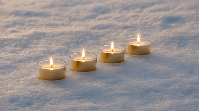 Peaceful celebration with warm candle light in winter snow for Christmas or New Year. serene flames create hopeful, glowing atmosphere