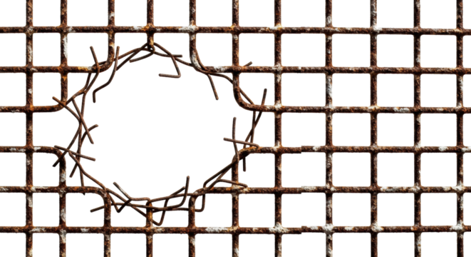 Rusted metal grid with a hole, showing decay and broken barriers