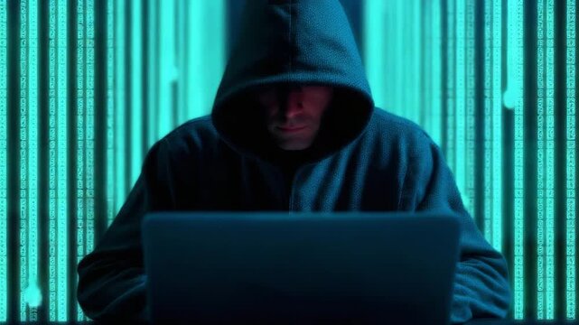 Mysterious hacker working on a laptop with glowing digital code background