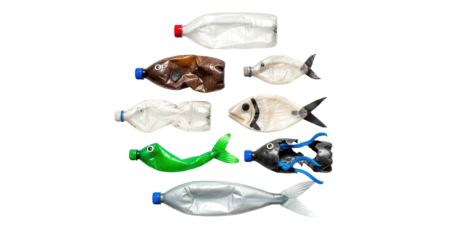 Creative plastic bottles transformed into fish shapes, a powerful visual for environmental awareness and recycling campaigns