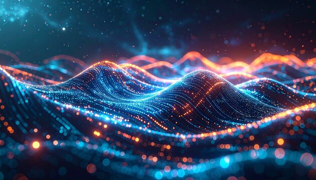 Magical fintech landscape with holographic currency symbols, shimmering circuits, and radiant energy waves forming abstract financial connections