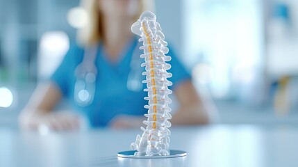 VFX model of a spine displayed on a table during a consultation between a doctor and a patient in a medical office setting