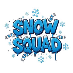 Whimsical "Snow Squad" lettering with dripping ice effect surrounded by snowflakes and playful scarves, perfect for winter themes on transparent background