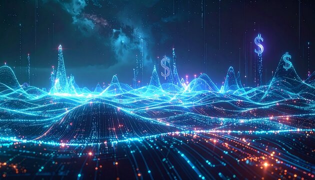 Magical fintech landscape with holographic currency symbols, shimmering circuits, and radiant energy waves forming abstract financial connections