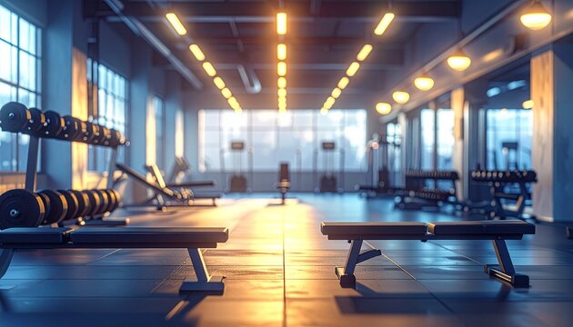 Out-of-focus gym scene showing exercise equipment, dumbbells, and benches under bright lights, creating a dynamic fitness atmosphere ideal for a sporty promotional background.