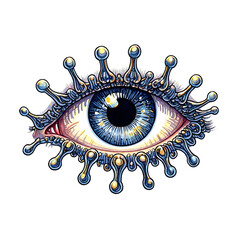 Detailed blue eye with decorative lashes isolated on transparent background