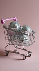 Minimalist pink background with shopping cart filled with shiny disco balls, reflecting light and creating playful, festive mood