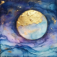 Earth and Moon in Space with Stars and Clouds