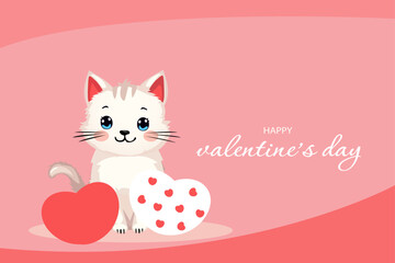 Flat vector pink banner with cat for Valentine's Day