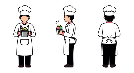 Chef holding ice cream container offering milk flavor - Front, side and back view of a person wearing chef's attire and cap with a simple design