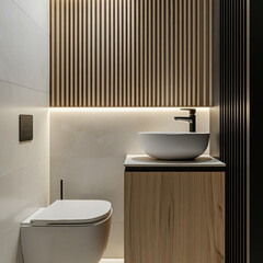 Modern white tiled bathroom with sink toilet and mirror