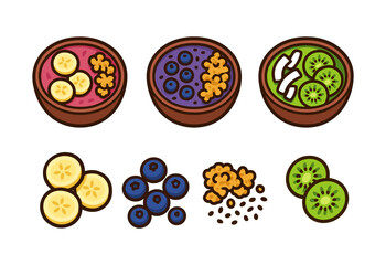 Colorful smoothie bowls with fresh fruit and toppings on white background