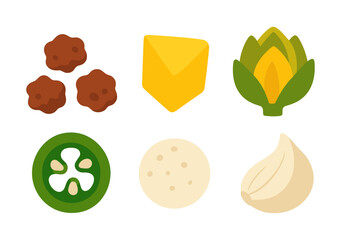 Colorful flat icons of various ingredients including cheese, artichoke, meatballs, and more